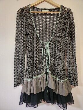 A'reve Fairycore Whimsigoth Crochet Lace Ruffle Hem Tie Front Duster Cardigan S